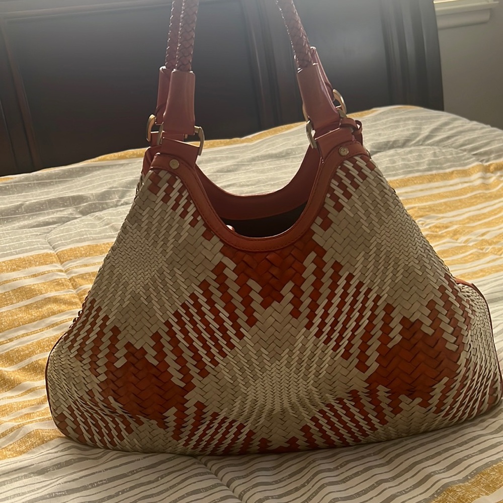 Cole Han Genevieve Orange and beige / cream weaved leather tote
